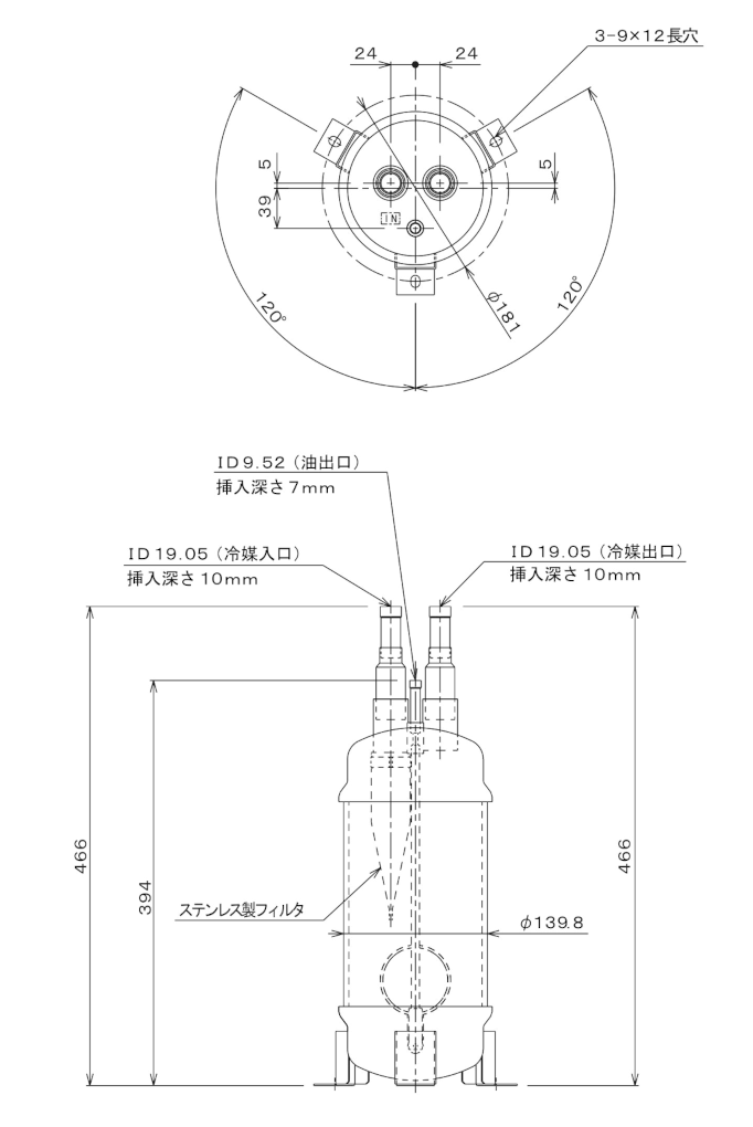 油分離器(オイルセパレータ) 外形法図